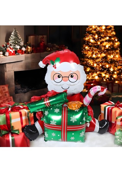 Oturan Hediye Kutulu Noel Baba Folyo Balon Yılbaşı Folyo Balon modelleri