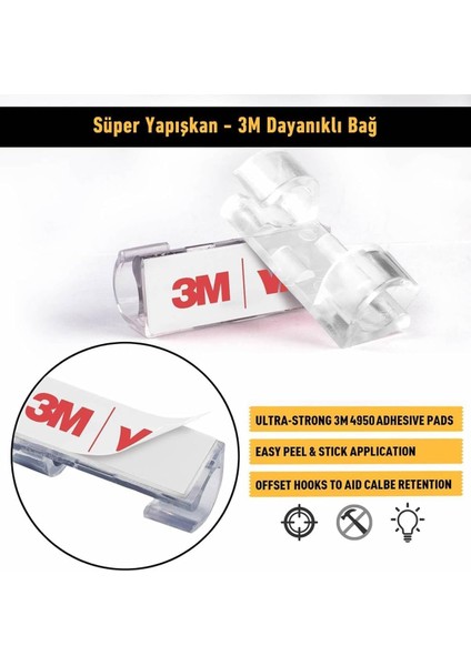 20 Adet Şeffaf Yapışkanlı Kablo Sabitleyici ve Düzenleyici Klips - Duvar, Cam ve Fayansa Uygun