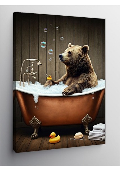 Kanvas Tablo Küvette Banyo Yapan Ayı Figürü