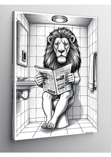 Kanvas Tablo Aslan ve Tuvalet Karikatürü