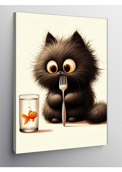 Kanvas Tablo Altın Balıklı Kara Kedi