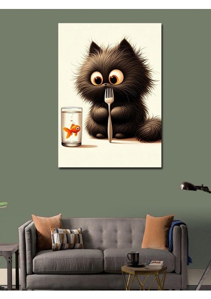 Kanvas Tablo Altın Balıklı Kara Kedi modelleri