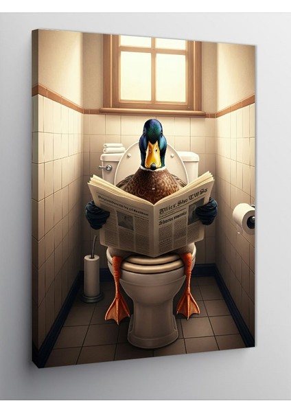 Kanvas Tablo Gazete Okuyan Ördek Tuvalette
