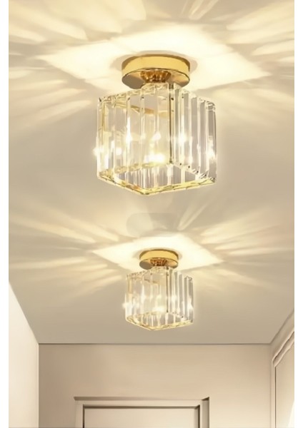 Tekno Trust Modern Luxury Plafonyer Tavan Avize Hol Antre Sarı Kare Kristal Taşlı Avize