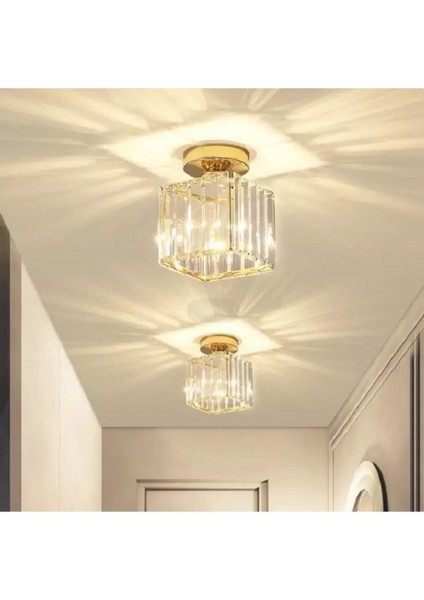Tekno Trust Modern Luxury Plafonyer Tavan Avize Hol Antre Sarı Kare Kristal Taşlı Avize