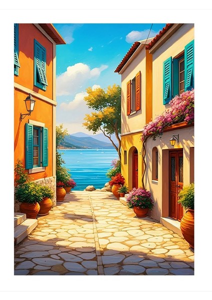 Akdeniz Kasabası ve Renkli Evler Model Ahşap Tablo 25CMX 35CM