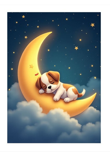 Ay Üzerinde Uyuyan Köpek Modern Ahşap Tablo 25CMX 35CM