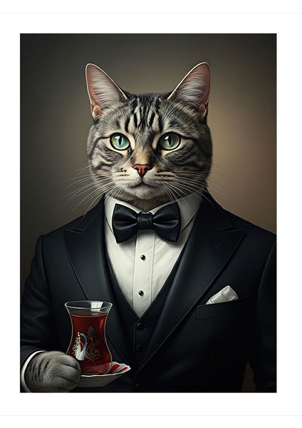 Çay Tutan Şık Kedi Art Mdf Tablo 25CMX 35CM