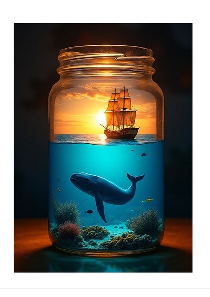 Denizde Fener ve Balina Mdf Tablo 25CMX 35CM