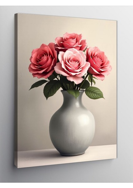 Kanvas Tablo Pembe Güller ve Vazolu Kompozisyon