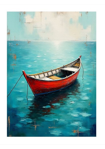 Gölde Sessiz Kırmızı Kayık Hediyelik Ahşap Tablo 35CM X50CM