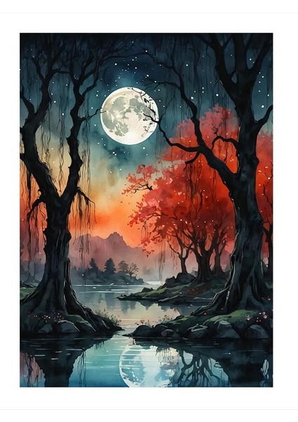 Kırmızı Ay ve Ağaçlı Doğa Tasviri Modern Ahşap Tablo 18CM x 27CM