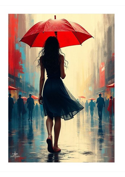 Kırmızı Şemsiye Ile Yağmurda Yürüyüş Tasarım Ahşap Tablo 35CM X50CM