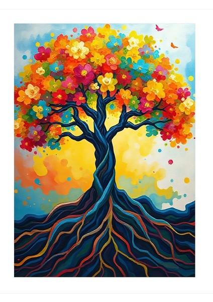 Renkli Kökleri Olan Ağaç ve Soyut Tasarım Modern Mdf Tablo 25CMX 35CM
