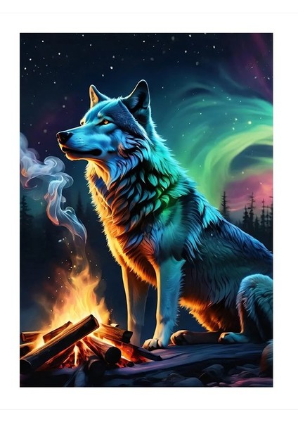 Ateş ve Kuzey Işıkları Altında Kurt Art Mdf Poster 25CMX 35CM