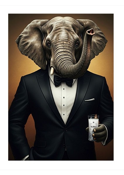 Şık Takımlı Fil ve Rakı Art Mdf Poster 18CM x 27CM