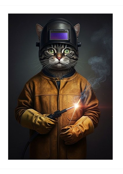 Kaynak Yapan Uzay Kedisi Modern Ahşap Tablo 18CM x 27CM