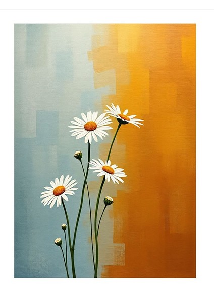 Beyaz Papatyalar ve Turuncu Arka Plan Dekoratif Ahşap Tablo 18CM x 27CM