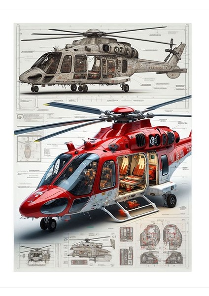 Kırmızı Kurtarma Helikopteri Desenli Ahşap Tablo 35CM X50CM
