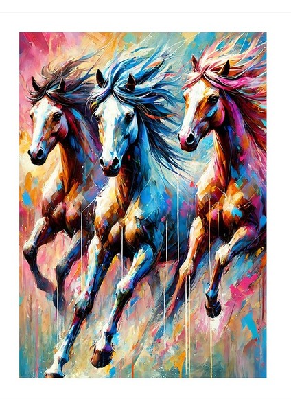 Renkli Vahşi Atlar Dekoratif Ahşap Tablo 35CM X50CM