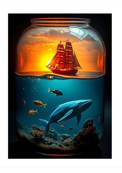 Cam Fanusta Deniz Dünyası Art Mdf Tablo 25CMX 35CM