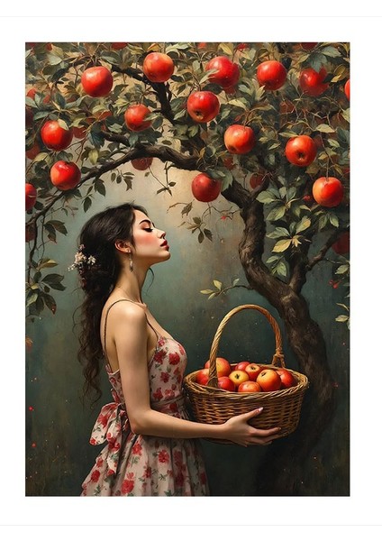 Elma Sepetiyle Genç Kadın Desenli Mdf Tablo 35CM X50CM