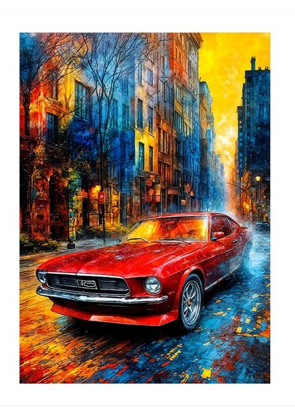 Renkli Sokak ve Kırmızı Araba Hediyelik Ahşap Tablo 18CM x 27CM