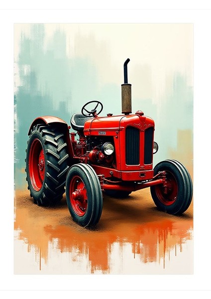 Kırmızı Traktör ve Sanatsal Doku Mdf Poster 35CM X50CM