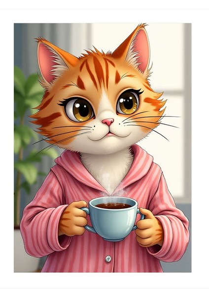 Sabah Kahvesi Yudumlayan Kedi Hediyelik Mdf Tablo 25CMX 35CM