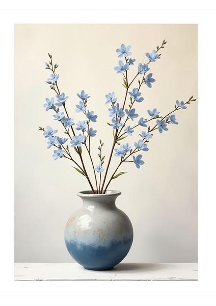 Seramik Vazoda Mavi Çiçekler Hediyelik Ahşap Tablo 35CM X50CM