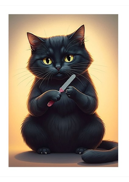 Törpülü Siyah Kedi Desenli Ahşap Tablo 35CM X50CM