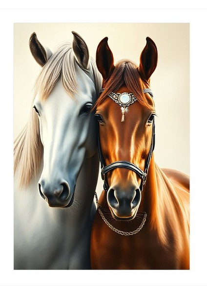 Birlikte Duran Iki At Figürü Modern Ahşap Tablo 35CM X50CM