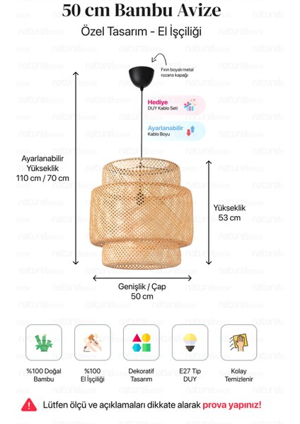 Tekno Trust Sinnerlig Bambu Avize 50CM- Iskandinav, Modern, Bohem, Rattan Avize, Aydınlatma