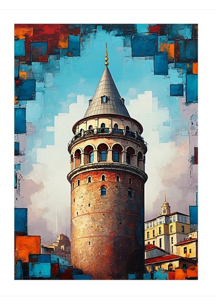 Galata Kulesi ve Geometri Modern Ahşap Tablo 25CMX 35CM