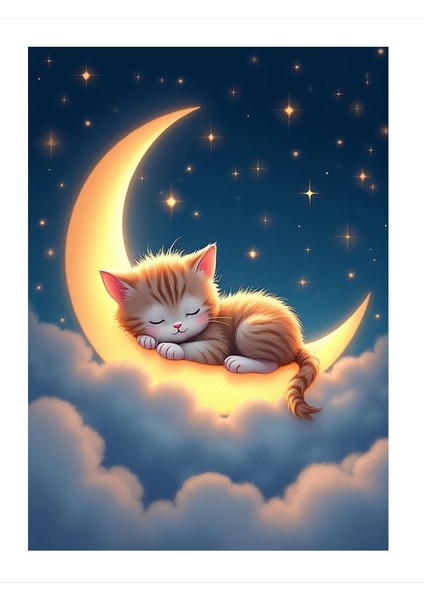 Ayda Uyuyan Yavru Kedi Desenli Ahşap Tablo 25CMX 35CM