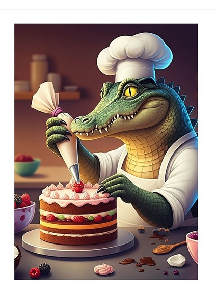 Şef Timsah ve Pasta Dekoratif Ahşap Tablo 35CM X50CM