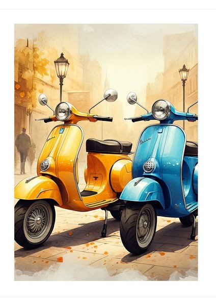 Renkli Scooter ve Sokak Hediyelik Ahşap Tablo 25CMX 35CM