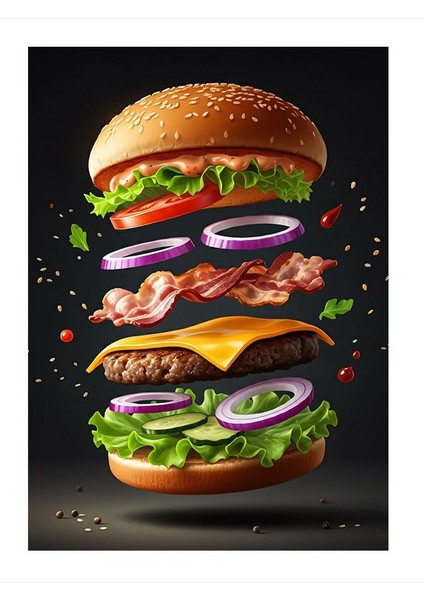 Katmanlı Burger Lezzeti Hediyelik Ahşap Tablo 35CM X50CM