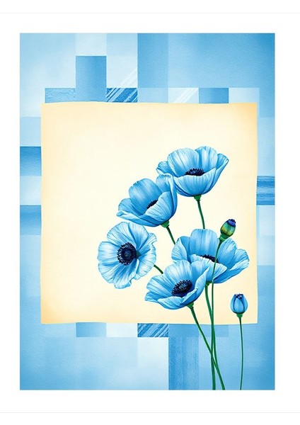 Mavi Çiçekler ve Geometrik Arka Plan Hediyelik Ahşap Tablo 25CMX 35CM