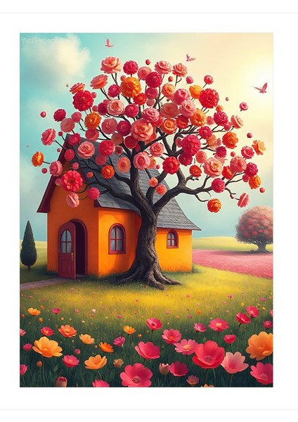 Renkli Çiçekli Ev Hediyelik Ahşap Tablo 18CM x 27CM