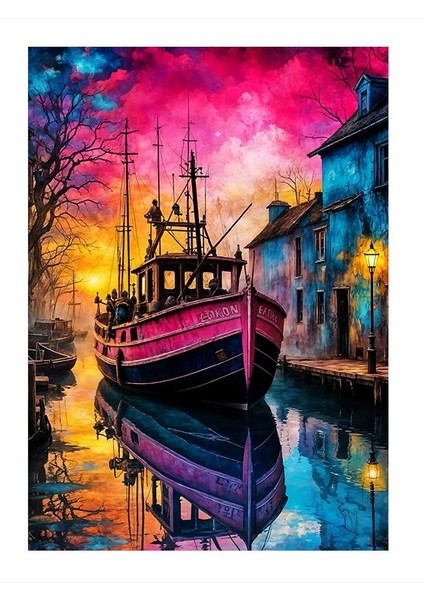 Renkli Tekne ve Nehir Desenli Ahşap Tablo 18CM x 27CM