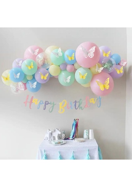 63 Adet Happy Birthday Banner Makaron Kelebek Konseptli Mini Doğum Günü Balon Zincir Parti Seti