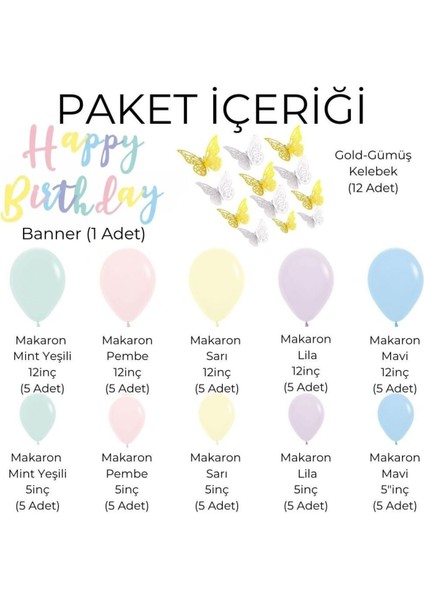 63 Adet Happy Birthday Banner Makaron Kelebek Konseptli Mini Doğum Günü Balon Zincir Parti Seti