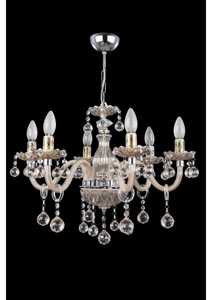 6'lı cam avize, taşlı model, 55x62 cm, şık ve modern aydınlatma seçeneği