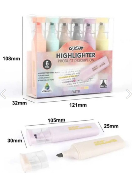 Pastel Highlighter 6 Renk Fosforlu Kalem Seti Şeffaf Kapak