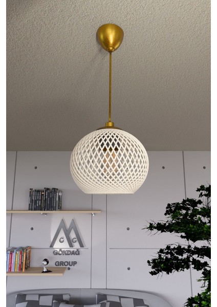 Altın renkli 20x65 cm sarkıt avize, ahşap halat detaylı, şık ve modern tasarım