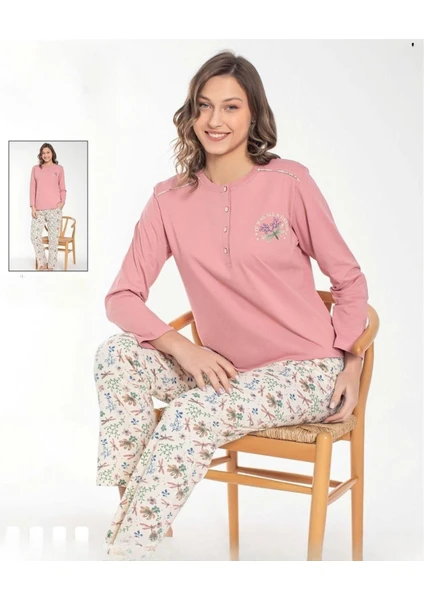 Kadın Düğmeli Yaka Uzun Kol Pamuk Pijama Takımı 6034 -1 Adet