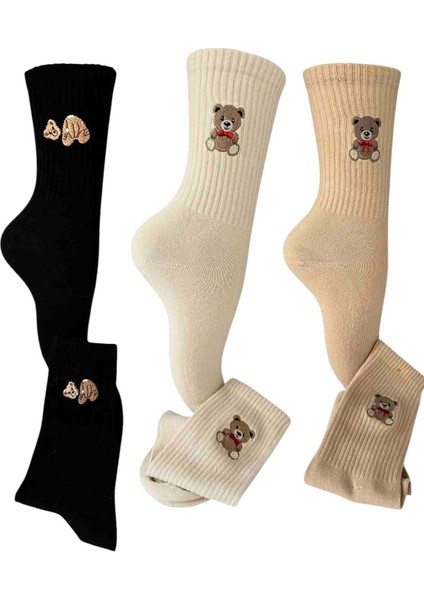 Ayıcık Desenli 3 Çift Soket Çorap Cotton