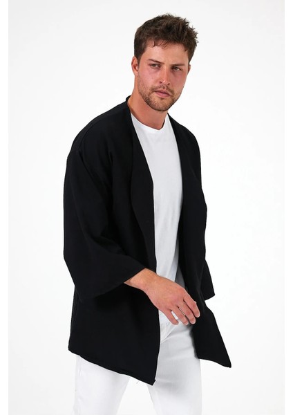 Bohem Siyah Düz Kimono Oversize 2 Iplik Kumaş