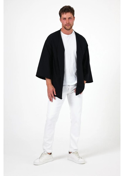 Bohem Siyah Düz Kimono Oversize 2 Iplik Kumaş